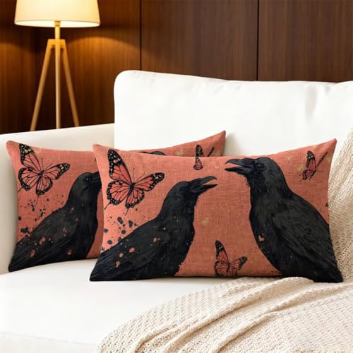 Housse coussin en lin imperméable motif papillon double face rose 40x60cm