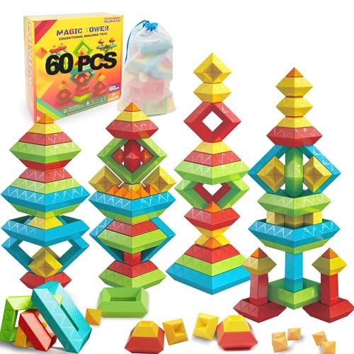 Montessori Toddler Toys for Ages 2-4, 60 PCS Stacking Building Toys Blocks Kids Sensory Toys for Toddlers 1-3 3-5, Preschool Learning Activities Stem Educational Pyramid Gifts for Boys Girls