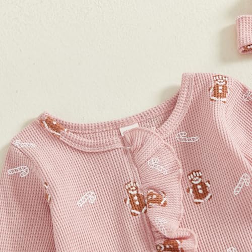 Sasaerucure Newborn Infant Baby Girl Christmas Outfit Candy Cane and Gingerbread Print Long Sleeve Footed Onesie + Bow3