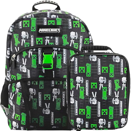 Bioworld Conjunto de mochila e lancheira de 40,6 cm para escola e viagens, Minecraft Creepers preto, 16 inches, Casual