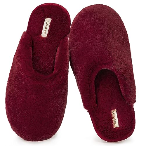 Snug Leaves Ladies' Fluffy Memory Foam Slip on Slippers Cozy Faux Fur Lined House Shoes with Anti-Slip Indoor Outdoor Rubber Wine Red, Size 5-6 UK