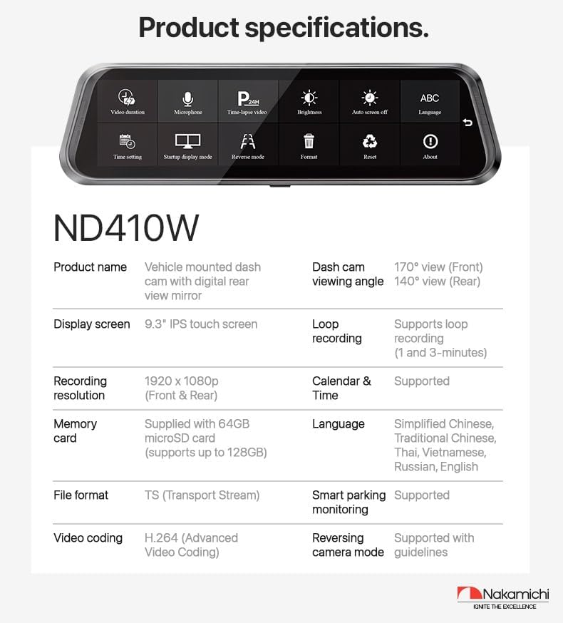Taula d'especificacions del producte Nakamichi ND410W en pantalla.