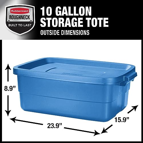 Image of Rubbermaid Roughneck Tote 10 Gal, 6 Pack, Made in USA, Heritage Blue, Rugged Plastic Stackable Storage Bins with Lids and Handles