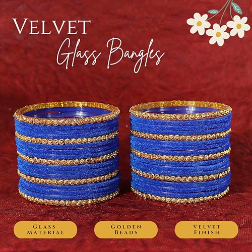 Image of NMII Premium Glass & Golden Beads Velvet Bangle Set For Women and Girls | Velvet Chudi | Traditional Chudi Set | Designer Girl's Bangles Bracelet | Wedding, Party, Festive, Daily- Set of 34