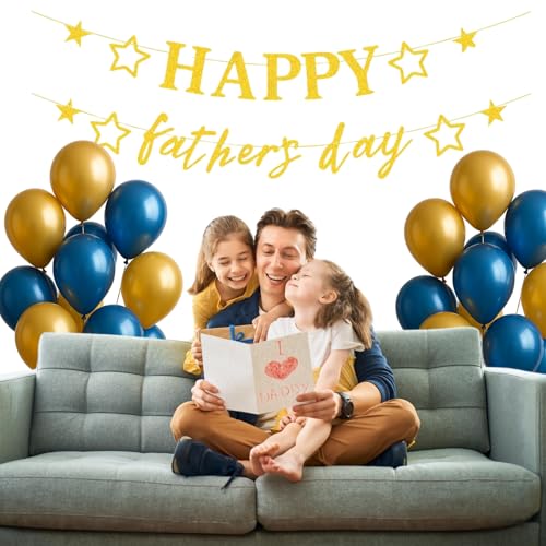 Image of Happy Father's Day Glitter Black Beer Bunting Banner for Dad Father's Party Decorations Backdrop Garland for Father's Day (Gold Star Hollow-Out)