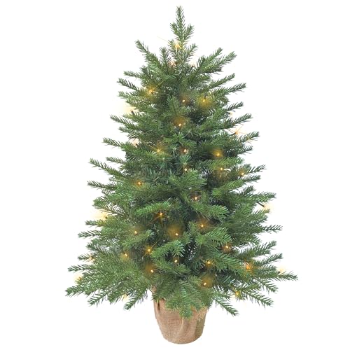 Pre-lit Mini Christmas Tree 90cm/3ft,190 Branches Tips Artificial Pine Xmas Tree with LED Lights & Burlap Wrapped Base Decorate for Tabletop