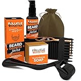 4 in 1 Beard Growth Kit - Beard Growth Roller, Beard Growth Serum Oil (1oz), Beard Wash Soap, Pear Wood Beard Comb - Organic, Vegan, Beard Products - Gifts for Men Him Dad Boyfriend Husband Friend