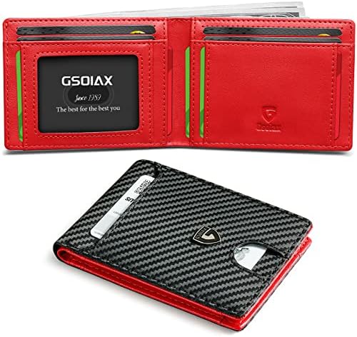 GSOIAX Mens Slim Wallet RFID Blocking Bifold Carbon Fiber Thin wallets for men Minimalist Genuine Leather Card Holder Money Clip with Gift Box (Carbon Black and Red)