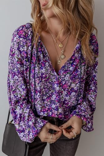 Purple Boho Flower Split V Neck Bubble Sleeve Blouse3