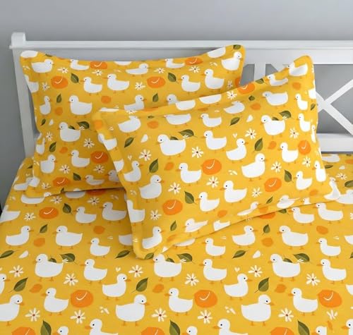 Image of RD FABS Glace Cotton Wrinkle Free Soft Hypoallergenic Elastic Fitted Cartoon Printed Bedsheets for Kids with 2 Pillow(Size,78 x 72 Inches(Fits up to 8 Inch),Yellow Duck),Double Bed,300 TC