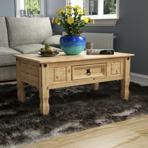 TBC Corona Couchtisch mit Schublade, Distressed Waxed Pine, Massivholz