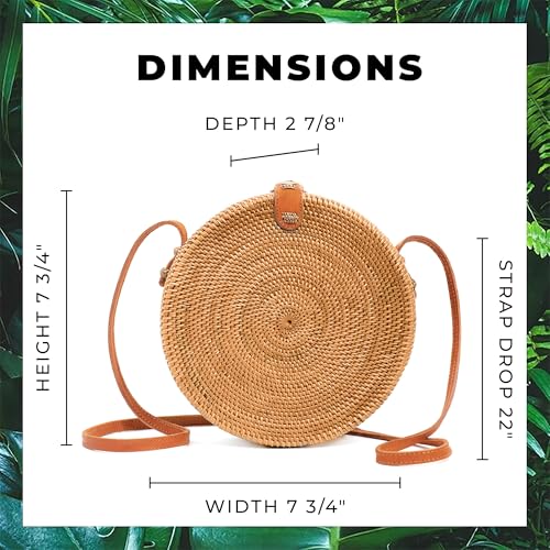 Image of Novum Crafts Round Rattan Bag for Women - Handmade Ata Wicker Woven Purse - Circle, Square, Oval Brown Straw Boho Bags
