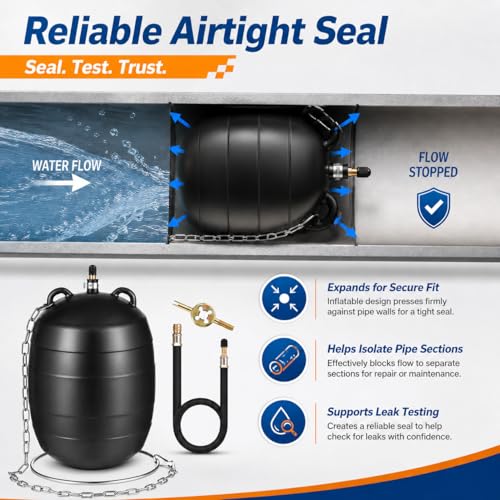 Image of 3 Inch Inflatable Pipe Test Plug, Sewer Test Ball with 39.4 Inch Hose | 4.5mm Natural Rubber, 2.9 x 5.1 Inch Body, Max 5 PSI, Copper Valve, Steel Chain & Retention Ring
