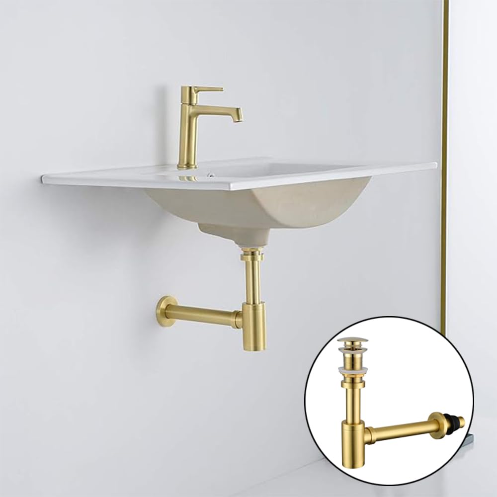 Siphon de bouteille en acier inoxydable pour lavabo de cuisine et salle de bain - Siphon en P - Ensemble complet sans trop-plein - Or brossé