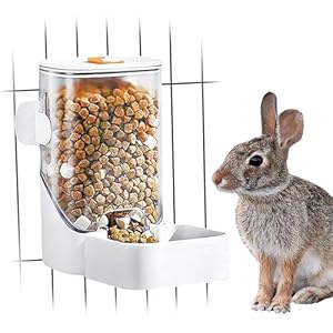Oncpcare 34oz Automatic Rabbit Feeder for Cages, Hanging Auto Bunny Food Bowl Dispenser Small Aniaml Cage Accessories for Ferret Guinea Pig Rat Rabbit Cat Puppy (White)