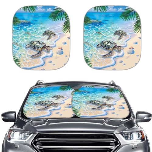 Image of Car Windshield Sun Shade Shield Folding Beach Sea Turtle Car Sun Shade for Front Window Fits for Most Sedan Van SUV Trucks 2pcs Set Car Interior Accessories Summer