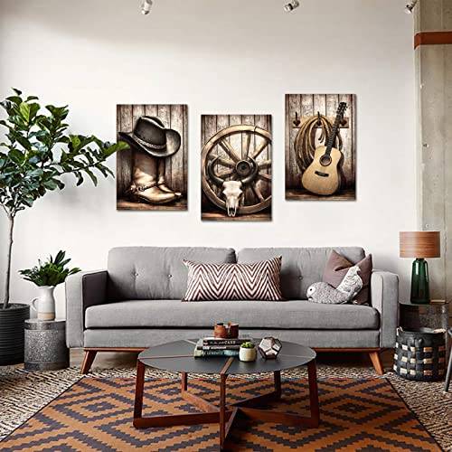 Biuteawal 3 Pieces Cowboy Wall Art American West Rodeo Cowboy Hat Boots Pictures Poster Guitar Painting on Canvas Beige Vintage Artwork Stretched for Home Office Bedroom Decoration by Biuteawal - Used condition - Image 2