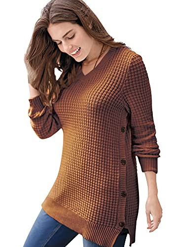 Woman Within Plus Size Side Button V-Neck Waffle Knit Sweater