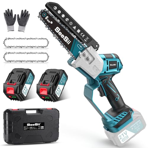 Seesii Mini-kettingzaag 8000 mAh, 6 inch borstelloze kettingzaag met 2 x 4000 mAh accu's, handkettingzaag met automatisch pompoliesysteem, geschikt voor outdoor en tuinwerk.