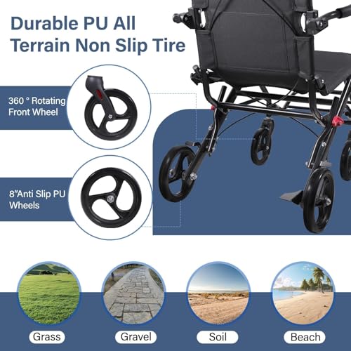 Image of 2026 Upgraded Wide Seat Transport Wheelchair, 18.1 inch Lightweight Foldable Travel Wheelchair for Seniors, Portable All-Terrain Transport Chair with Brake, Seat Belt, 300 lbs Capacity