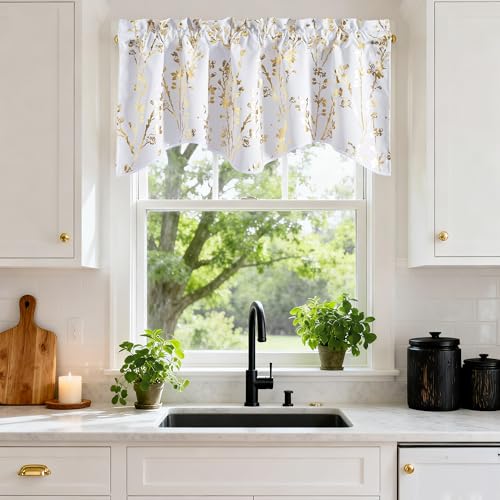 NICETOWN White Blackout Floral Kitchen Valances for Windows, Gold Foil Flower Shadow Printed Scalloped Drapes 18 Inch Length with Rod Pocket for Bathr