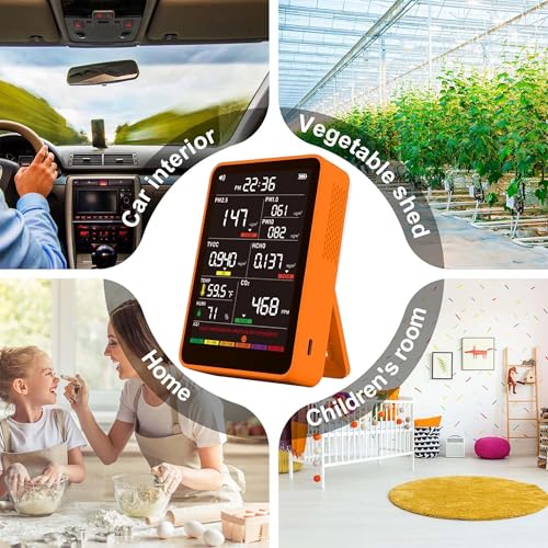 Professional Indoor Air Quality Monitor with AQI, Portable Real-Time Detector for Home Cars Plants and Pets (Orange)