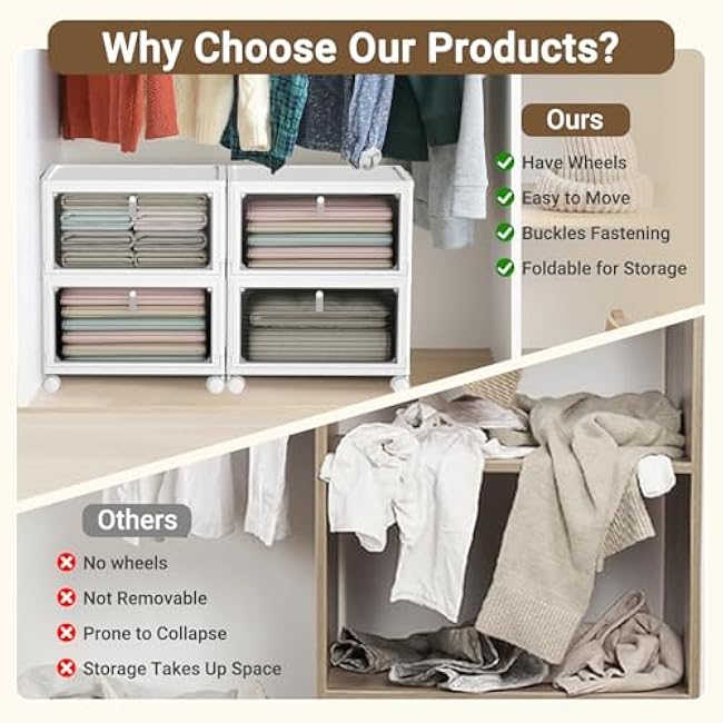 4 Tier Plastic Storage Bins with Lid & Wheels, 23QT Closet Organizers and Storage - Stackable Storage Containers, Collapsible Storage Boxes for Living Room, Craft, Dorm(WT1)