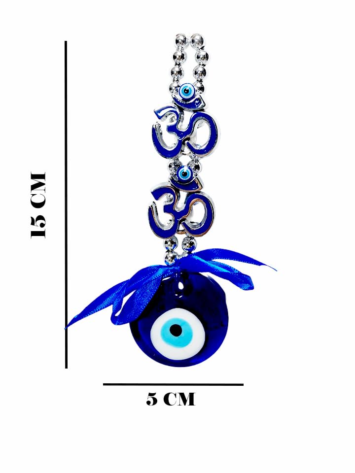 Image of Blue Evil Eye Hanging with Om Symbol for Car Rear View Mirror, Home Decor Nazar Protection Charm Spiritual Gift Item