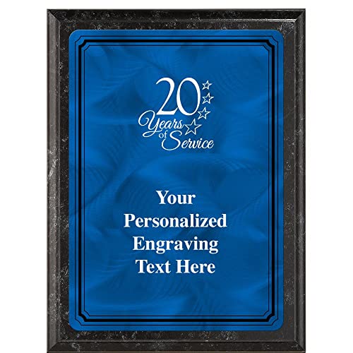 Crown Awards 6"X8" Blue Metal Plate 20 Years of Service Plaque, Customized 20 Years of Service Black Marbleized Finish Plaque Award with Your Text Blue Plate