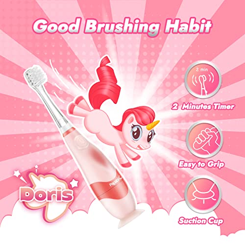 Papablic Baby Sonic Electric Toothbrush, Toddler Toothbrush For Ages 1-3 Years With Cute Unicorn Cover And Smart Led Timer, 4 Brush Heads (Doris) #TOP4