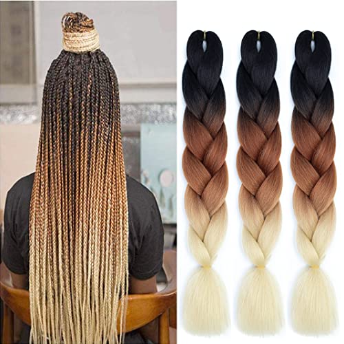 YUDAOHAIR 3PCS/Lot Color Braiding Hair for Women 24 Inch Ombre Jumbo Synthetic Braiding Hair Extensions High Temperature Braids for Twist Crochet Braiding Hair (24 Inch, black-light brown-beige)