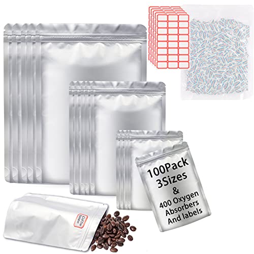 100 Mylar-Beutel zur Lebensmittelaufbewahrung, mit 500 Sauerstoff-Absorbern und 120 Etiketten Cover