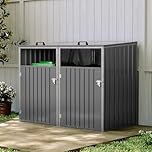Warmiehomy Wheelie Bin Storage 2 Bin Storage for Wheelie Bins Galvanized Steel Outdoor Garbage Can Store with Locking Door Double Wheeled Bins Hideaways with Lifting Lids,Grey