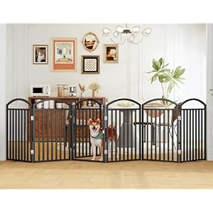 Folding No-Assembly Freestanding Dog Gate with Door,32″ Heights Foldable Pet Fence,144″ Extra Wide Accordion Puppy Folding Playpen for Doorways,House,Stairs (6 Panels,Black)