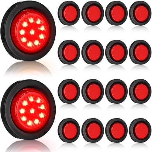 Image of Treela 16 Pcs 2 Inch LED Trailer Marker Lights, 10 LED Round Side Clearance Lamps with Rubber Flush Mount Grommet and 2 Prong Wire Pigtails, 12v Waterproof for Rv Truck Semi Trailer(Red)