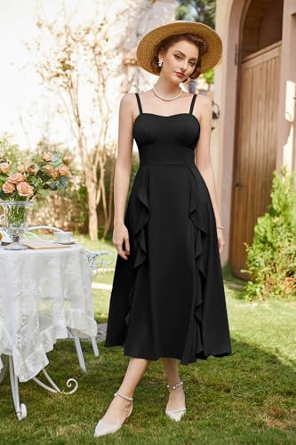 Image of Belle Poque Sun Dresses for Women Spring Summer Floral Midi Flowy Spaghetti Ruffle Wedding Guest Tea Party Dress