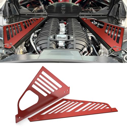 Image of Bevinsee Engine Bay Panel Cover Compatible with Chevrolet Corvette C8 2020-2023, Aluminum Engine Compartment Left Right Protection Leakproof Cover Trim Accessories, C8 Corvette Accessories, 2PCS, Red