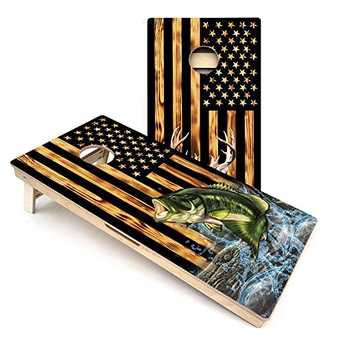 Skip's Garage Colorful Deer & Fish USA All-Weather PVC Cornhole Boards - Includes (2) Boards (Resin Bags) + (1) Carry Case, (2) Hole Lights & (2) Edge Lights