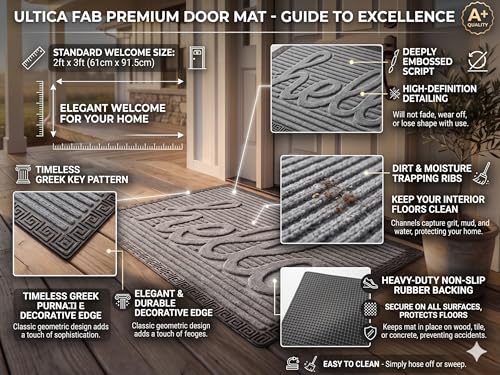 Image of Heavy Duty Front Door Mat 2x3 Feet Non Slip Entrance Rug for Indoor & Outdoor Use Dirt Trapper Welcome Mat for Entryway, Patio, Porch & Hallway Washable Low Profile Floor Mat, Grey Hello