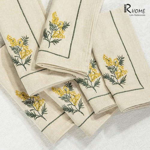 Image of R home Premium Embroidered Cotton Table Napkins Set of 6 Reusable Cloth Dinner Napkins Soft Washable Dining Table Linen Elegant Kitchen Coffee Table Decor (R home Mimosa Sprig, 45X45 CM)