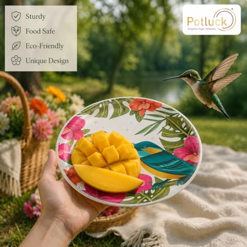 Image of Potluck Floral Humming Disposable Paper Plates, 9 Inch Food Grade Tableware for Parties, Events, Snacks & Meal Serving Pack