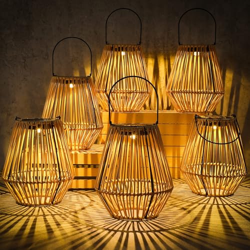 VIHOSE 6 Pack Solar Lanterns, Rattan Hanging Solar Lights with Handle Outdoor Waterproof, Outdoor...