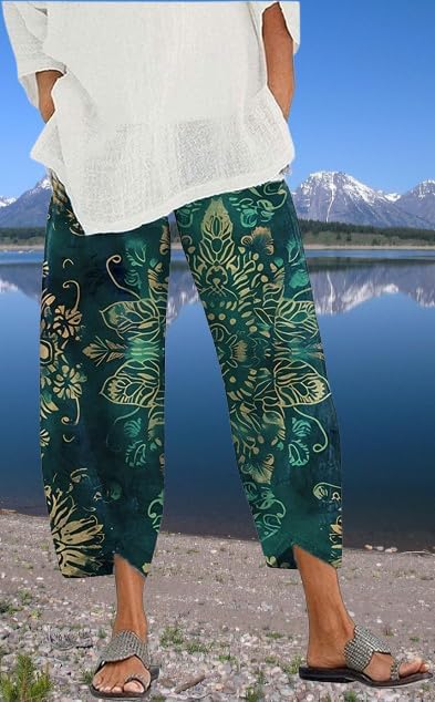 Loose Pants for Women Dressy Lounge Pants Summer Casual Elastic Waist Cotton Trouser Daily Cropped Wide Leg Pants - Image 2