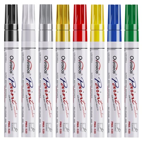 Overseas Paint Marker Pens - 8 Colors Oil Based Permanent Markers, Waterproof, Quick Dry, Medium Tip, Assorted Color Paint Pen for Metal, Wood, Fabric, Plastic, Rock Painting, Canvas, Glass, Art Craft
