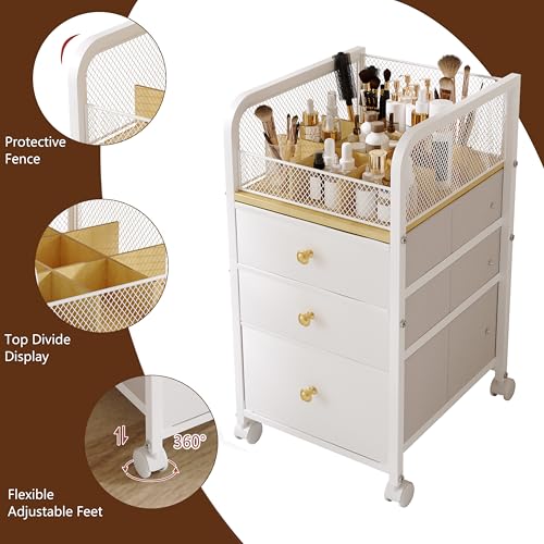 Image of Makeup Organizer Storage Cart with Drawers, Makeup Organizer on Wheels, Rolling Makeup Bathroom Storage Cart, Cosmetic Vanity Display Cases Holder for Nail Polish Brush Hair Tool