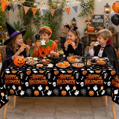 Image of Halloween Tablecloth Party Decorations - 8 PCS Happy Halloween Tablecloth Disposable, Plastic Black and Orange Pumpkin Ghost Table Cloth Cover Rectangle for Halloween Party Decor Supplies, 54 inch x 108 inch