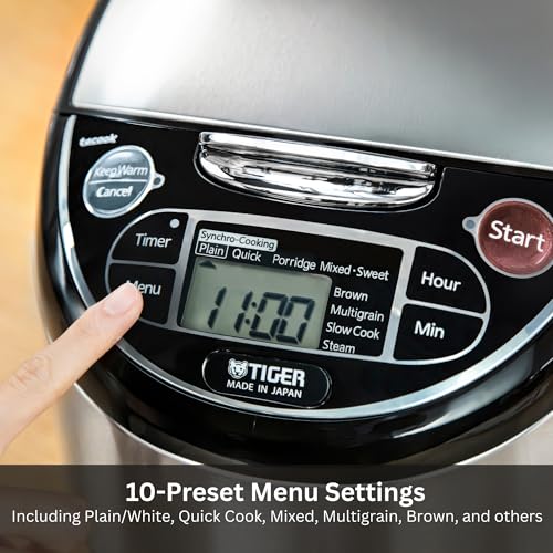 Tiger JAX-T18U-K 10-Cup (Uncooked) Micom Rice Cooker with Food Steamer & Slow Cooker, Stainless Steel Black