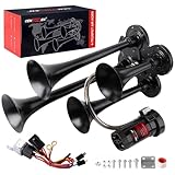 Cenzhiwen Train Horn for truck Kit-4 Trumpet Metal Air Horns replacement Drill horn 12V 150dB Ultra Loud with Compressor for pickup/motorhome/SUV/truck/train (black 4Trumpet)