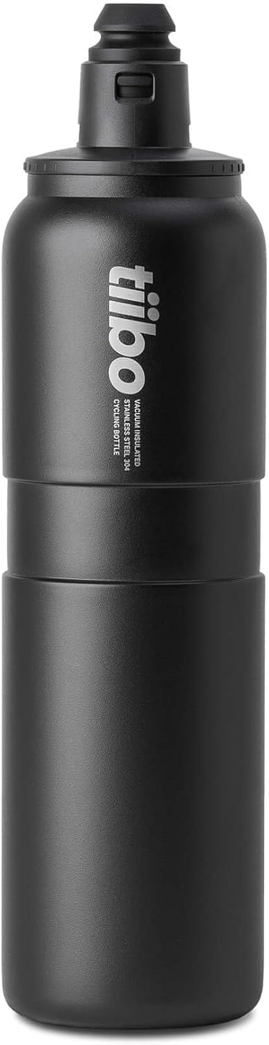 tiibo Vacuum Insulated Stainless Steel Bike Water Bottle, Double Wall, No-Squeeze, Fast Flow Sport Nozzle, Designed for Cycling, Biking, Fitness & Sports, Fits Most Bike Cages (Black, 23OZ)