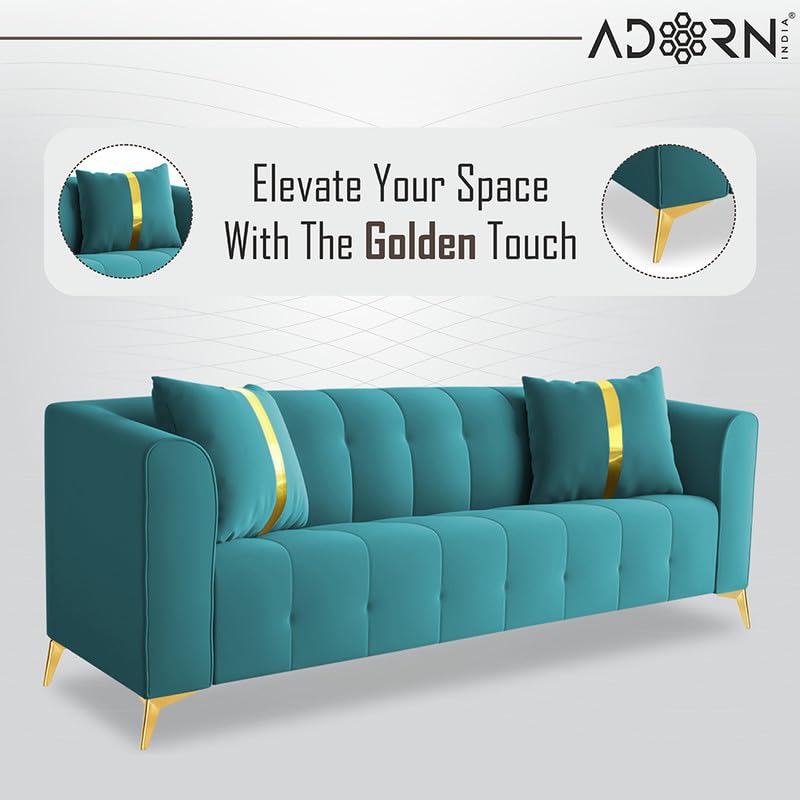 Image of Adorn India Premium Mystic - 3 Years Warranty - 3+1+1 Sofa Set Velvet Suede Fabric - Aqua Blue
